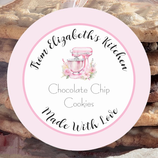 Made With Love Pink Floral Mixer Home Baked Gift Classic Round Sticker (Creator Uploaded)