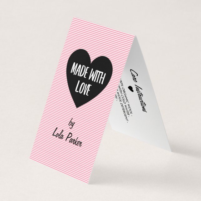 Made with Love Pink Stripes - Care Instructions Business Card (Front)