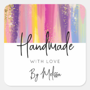 Made with Love Rainbow Stripes with Gold Glitter Square Sticker