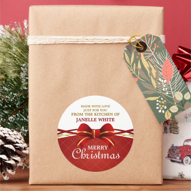 Made With Love Red Bow Classic Round Sticker (Holiday)