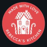 Made With Love Red Christmas Classic Round Stick Classic Round Sticker<br><div class="desc">A personalised "made with love" sticker featuring a cute white gingerbread house with a heart and the words,  made with love on a red coloured background. Personalise it by adding your own name. A pretty finishing touch for all of your homemade gifts. Designed for you by Blackberry Boulevard.</div>