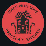 Made With Love Red Christmas Classic Round Sticker<br><div class="desc">A personalised "made with love" sticker featuring a cute little gingerbread house with a heart and the words,  made with love on a red coloured background. Personalise it by adding your own name. A pretty finishing touch for all of your homemade gifts. Designed for you by Blackberry Boulevard.</div>