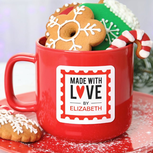 Made With Love Red Christmas Stamp Sticker (A cute made with love sticker in with a stamp border. Personalize with your name)