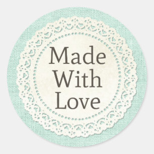 Made With Love Rustic Country Lace Doily on Burlap Classic Round Sticker