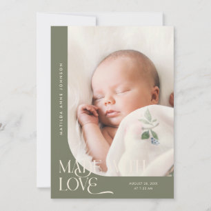 Made With Love Sage Green Photo Birth Announcement