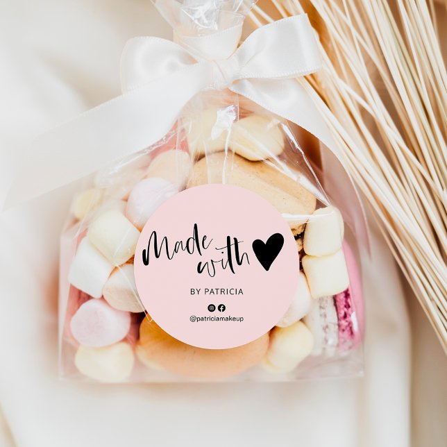Made with love script minimalist black and pink classic round sticker (Creator Uploaded)