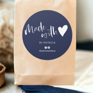 Made with love script minimalist navy blue classic round sticker