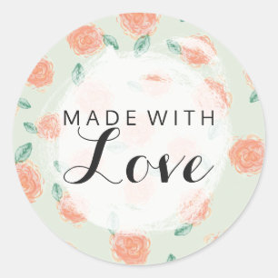 Made With Love Shabby Chic Coral Roses On Mint Classic Round Sticker