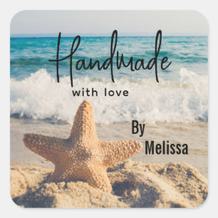 Made with Love Starfish on a Sandy Beach Photo Square Sticker