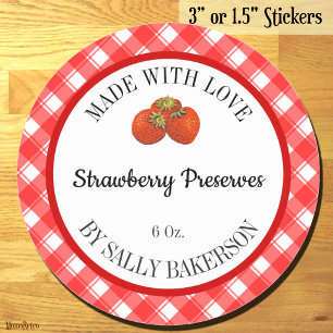 Made With Love Strawberry Editable Red White Plaid Classic Round Sticker