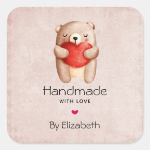 Made with Love Teddy Bear Carrying a Red Heart Square Sticker