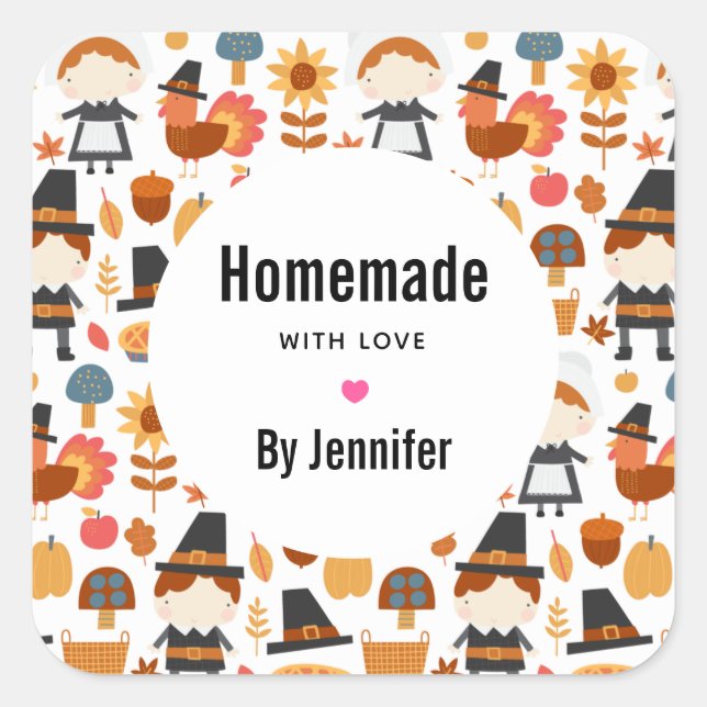 Made with Love Thanksgiving Pilgrims Pattern Square Sticker (Front)