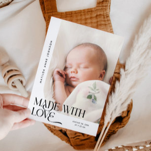 Made With Love White Photo Birth Announcement