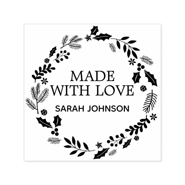 Made With Love Winter Foliage Wreath Personalised Self-inking Stamp (Design)