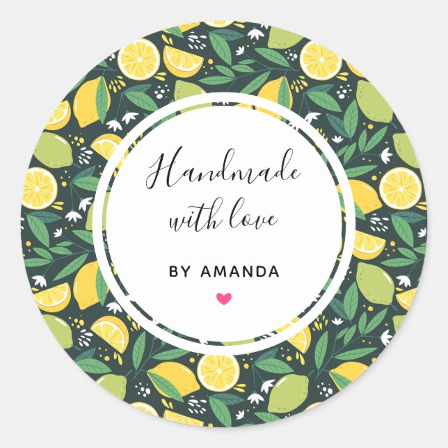Made with Love Yellow Lemon and Lime Fruit Pattern Classic Round Sticker (Front)