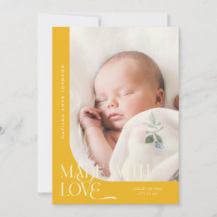 Made With Love Yellow Photo Birth Announcement