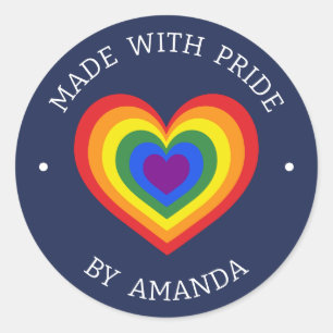 Made With Pride LGBTQ Rainbow Heart Your Name Navy Classic Round Sticker