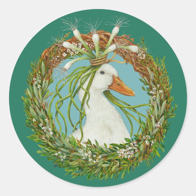 Madeline in spring wreath with teal background classic round sticker (Front)