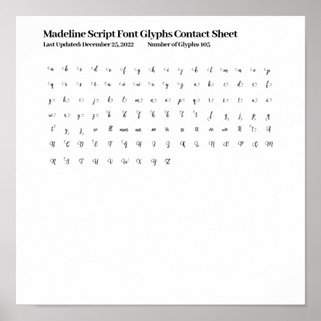 Madeline Script Font Glyphs Contact Sheet Poster (Front)