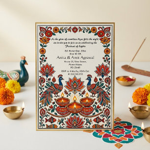 Madhubani Peacocks Festival of Lights Deepak Lotus Invitation