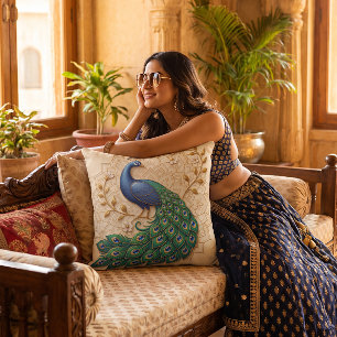 Madhubani Style Peacock Folk Art For Diwali Cushion