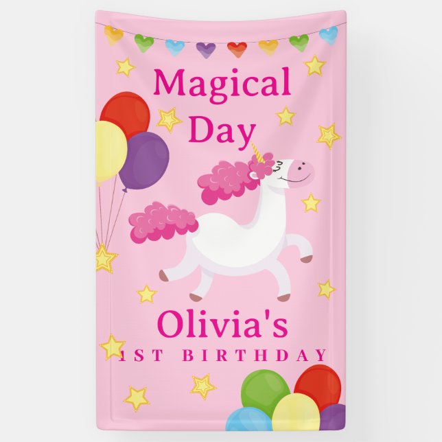 Madical Day first Cute Pink Unicorn Birthday  Banner (Vertical)