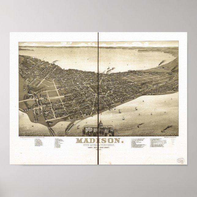 Madison WI 1885 Antique Panoramic Map Poster (Front)