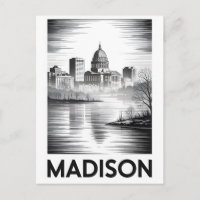 Madison Wisconsin Skyline Black White Woodcut