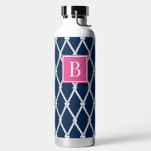 MadisonSage Nautical Rope Monogram Navy & Pink Water Bottle