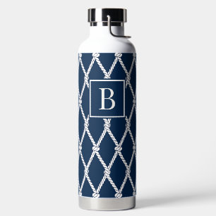MadisonSage Nautical Rope Monogram Navy & White Water Bottle