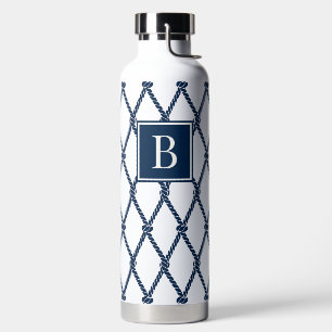 MadisonSage Nautical Rope Monogram white & Navy Water Bottle