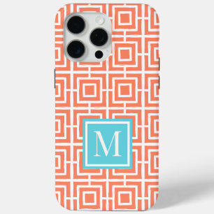 MadisonSage Square Lattice Monogram - Coral & Turq iPhone 15 Pro Max Case