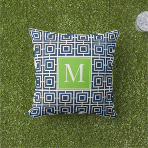 MadisonSage Square Lattice Monogram – Navy & Lime Cushion