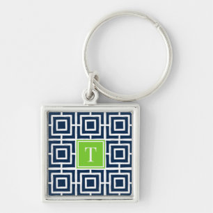 MadisonSage Square Lattice Monogram - Navy & Lime Key Ring