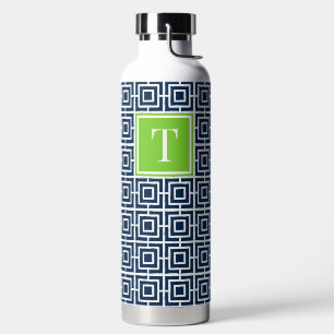 MadisonSage Square Lattice Monogram – Navy & Lime Water Bottle