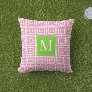 MadisonSage Square Lattice Monogram – Pink & Lime Cushion