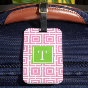 MadisonSage Square Lattice Monogram – Pink & Lime Luggage Tag
