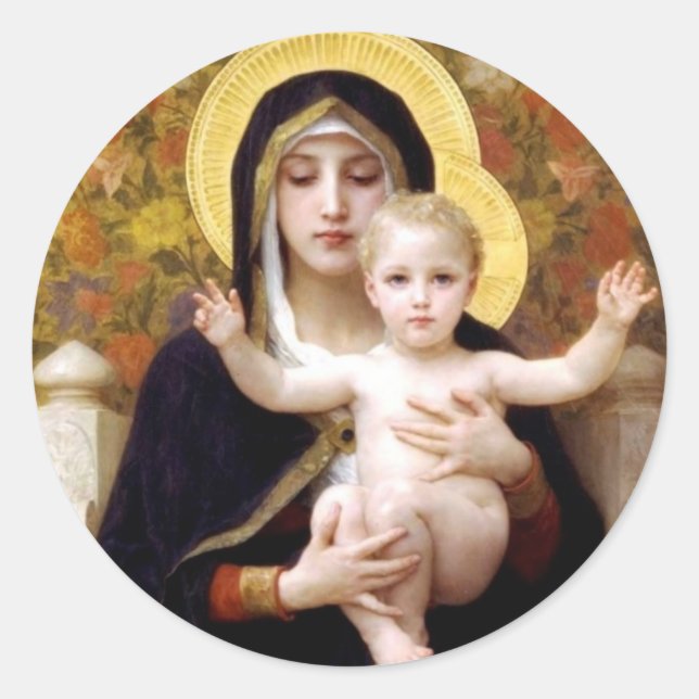Madona with lilies Bouguereau antique painting Classic Round Sticker (Front)