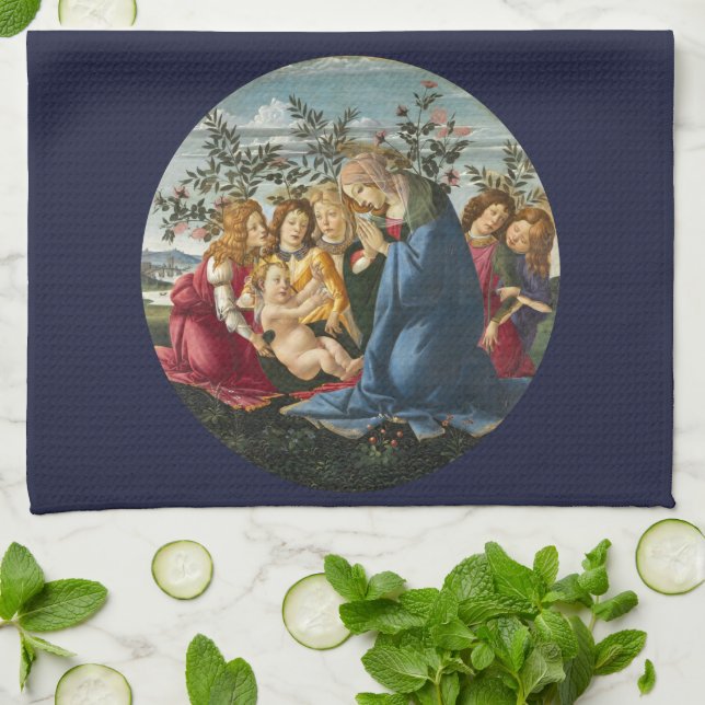 Madonna Adoring the Child with 5 Angels Botticelli Tea Towel (Folded)