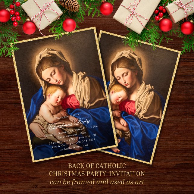 Madonna and Child Religious Christmas Party Invitation (Religious Christmas party invitation with Madonna and Child in red and gold for Catholics)