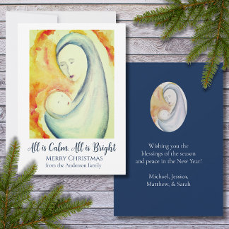 Madonna and Child Watercolor Elegant Blue Holiday Card