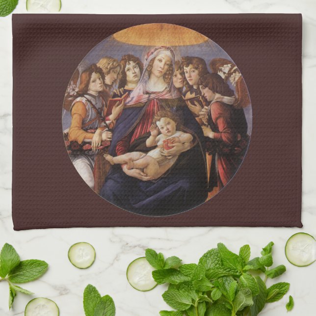 Madonna and Child with Angels by Sandro Botticelli Tea Towel (Folded)