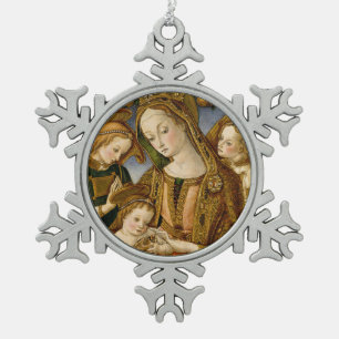 Madonna and Child with Two Angels Snowflake Pewter Christmas Ornament