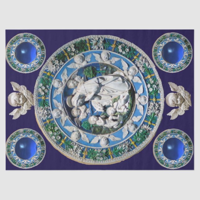 MADONNA,CHILD AND ANGELS NATIVITY FLORAL CROWN TISSUE PAPER (Front)