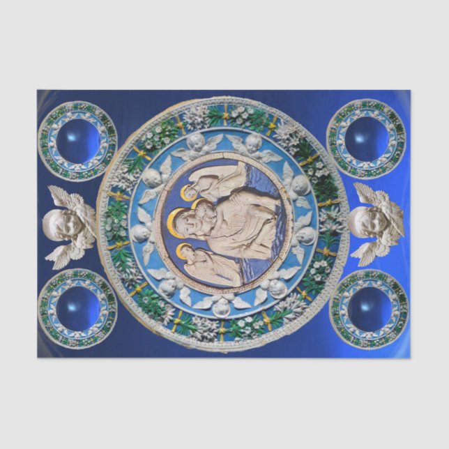 MADONNA,CHILD,ANGELS NATIVITY FLORAL CROWN Blue Tissue Paper (Front)