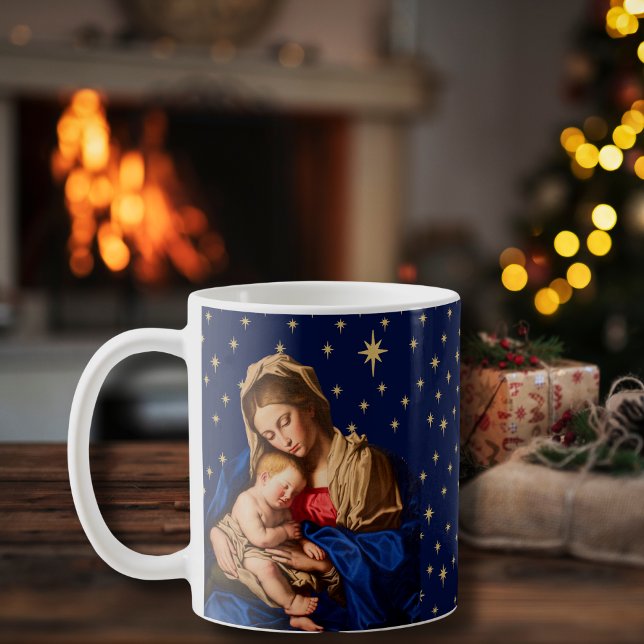 Madonna & Child Christmas Gift Priests Pastors Coffee Mug (Navy blue and gold religious coffee cup with Madonna and Child. Great gift for Catholics.)