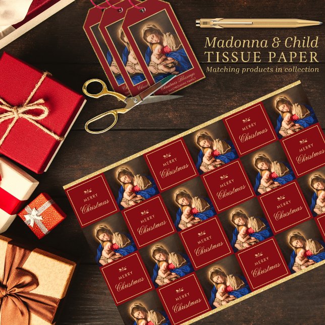 Madonna & Child Red Gold Religious Christmas Tissue Paper (Madonna and Child religious Christmas tissue paper for gift wrapping in red and gold)