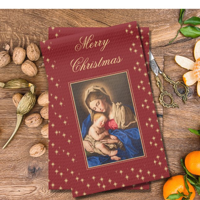 Madonna & Child Religious Christmas Decorations Tea Towel (Red and gold, religious Christmas kitchen towels with Madonna and Child for Catholics and Christians)