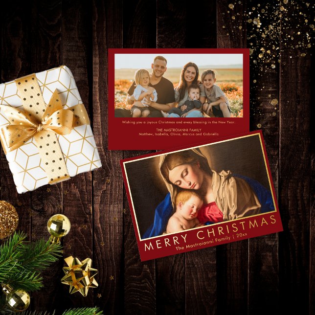 Madonna & Child Religious Christmas with Photo (Real gold foil religious Christmas card with Madonna and Child and family photo on red background.)