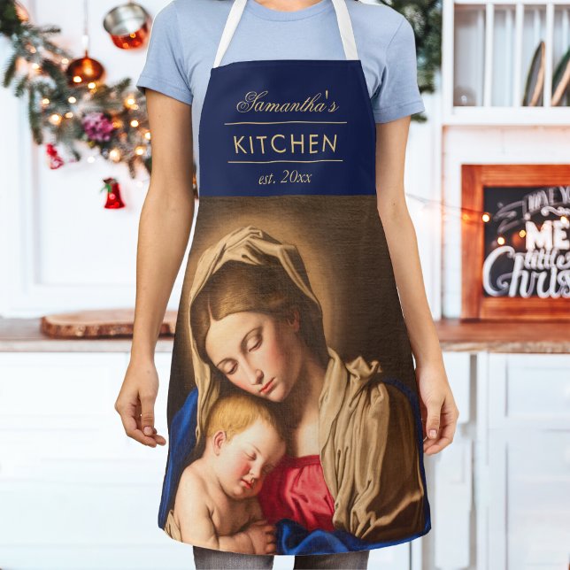 Madonna & Child Traditional Religious Christmas Apron (Religious Christmas apron with Madonna and Child in blue and gold for Catholics and Christians.)
